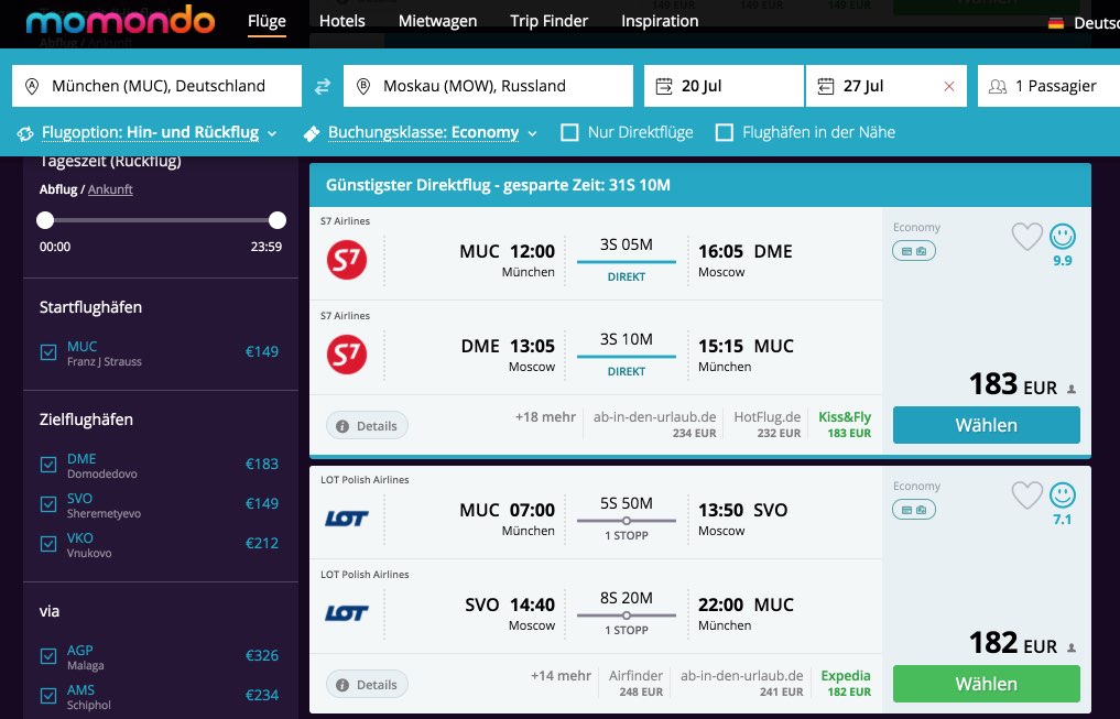 Finde günstigste Flüge nach Moskau und St.Petersburg